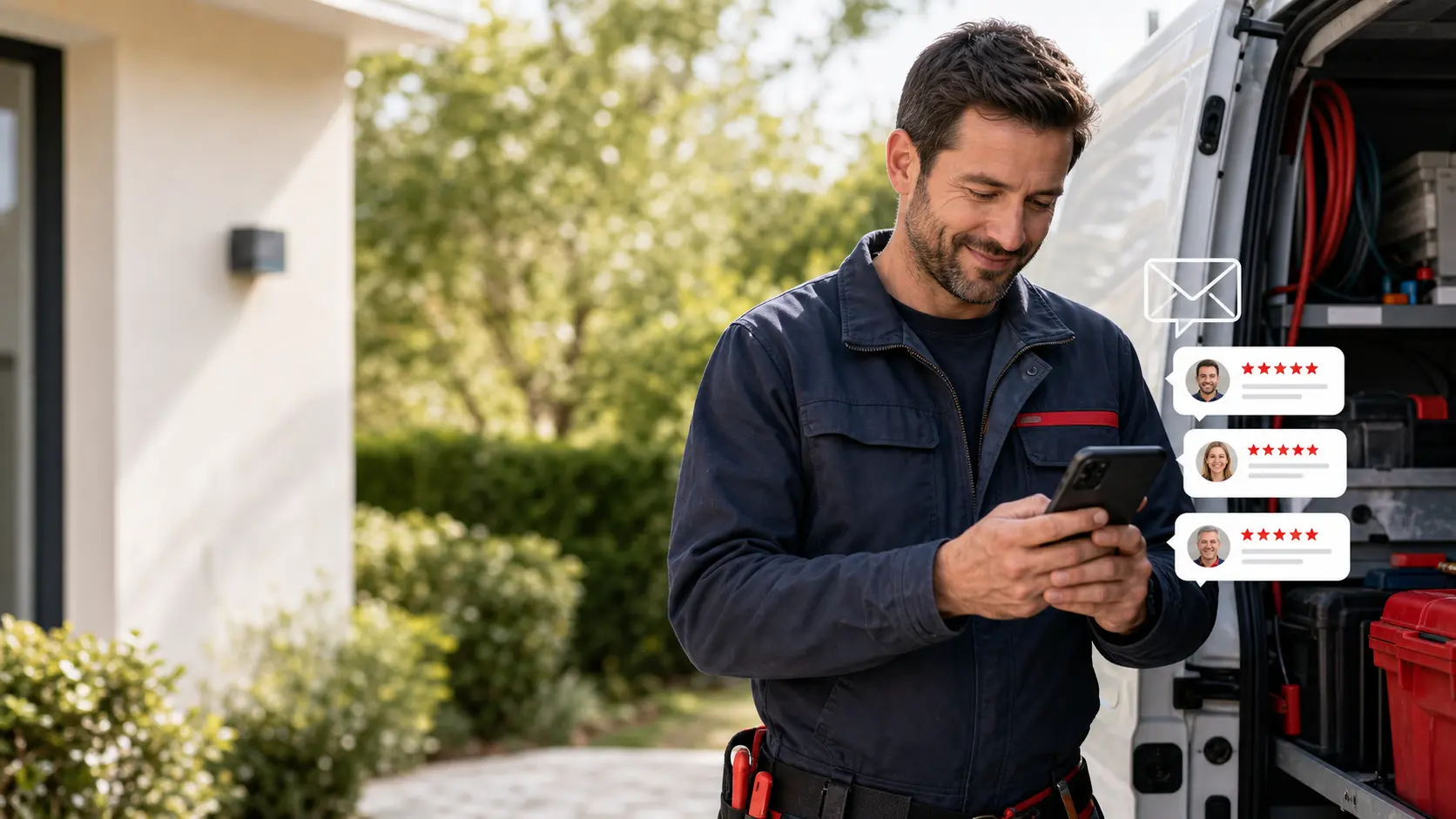Professionnel de proximité qui prépare une demande d'avis client par e-mail depuis son téléphone