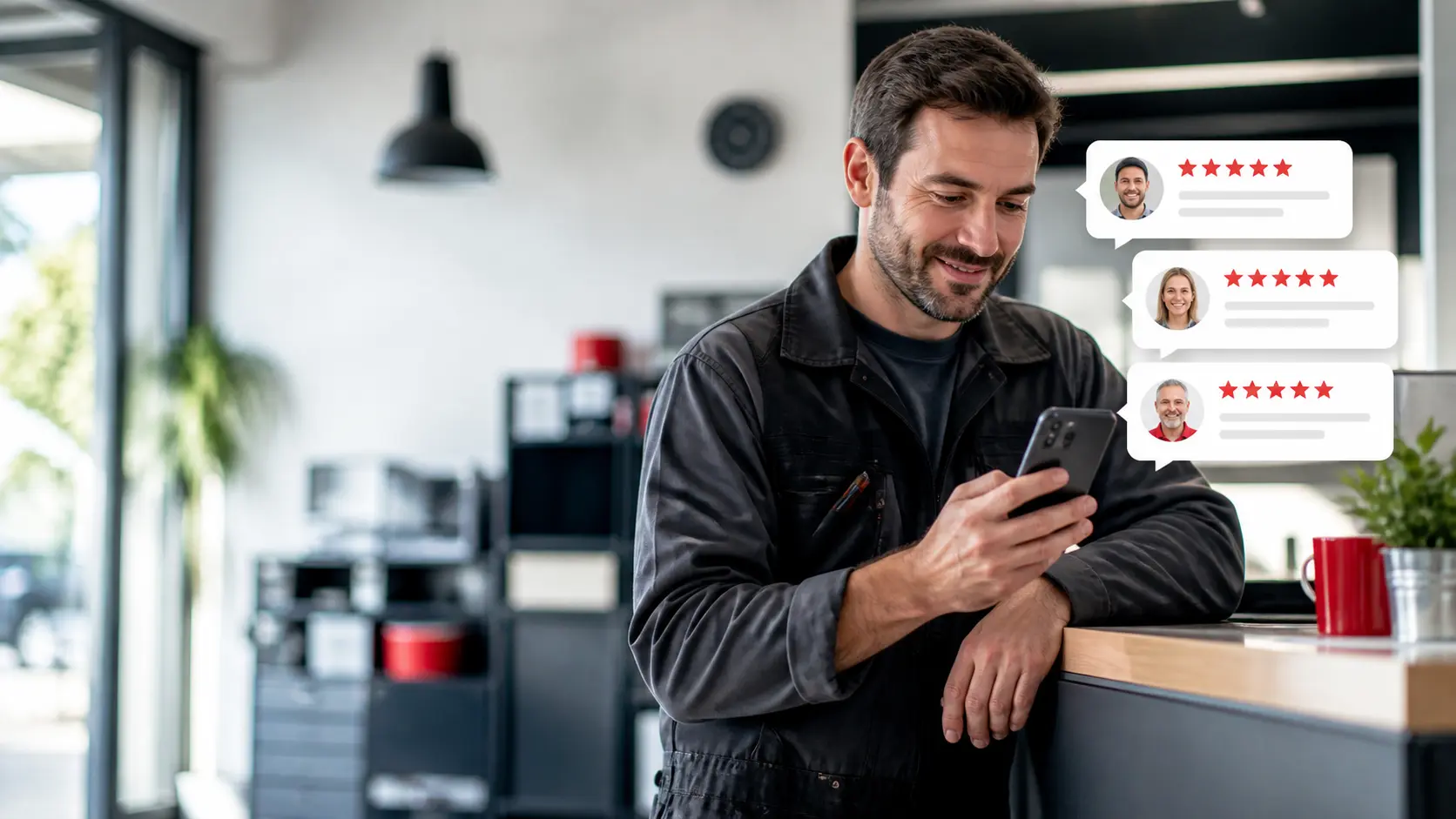 Professionnel local qui prépare une demande d'avis client depuis son téléphone