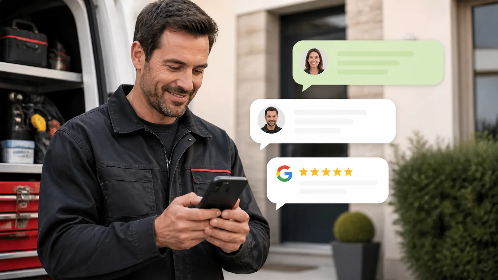 Professionnel de proximité qui prépare une demande d'avis client par WhatsApp depuis son téléphone